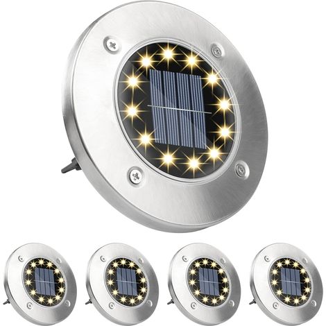 Solar-Bodenleuchten, 4 Stück, 12 LEDs, warmweiß, für den Außenbereich, Solar-Bodenleuchten, IP65, Edelstahl, wasserdichte Bodenleuchten für Rasen, Gartenweg, Hof