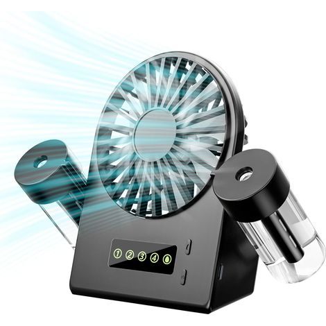 Ventilatore da Tavolo Portatile con 2 Umidificatori a Nebulizzazione, Mini Ventilatore USB con 4 Velocità del Vento Regolabili, Piccolo Ventilatore Silenzioso con Display LED per Casa e Ufficio-Nero (1/5)