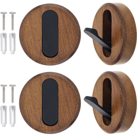Lot de 4 patères pliantes rondes en bois, style ferme, pour suspendre vêtements, serviettes, chapeaux, sacs à dos et sacs à main, couleur noyer noir. (1/5)