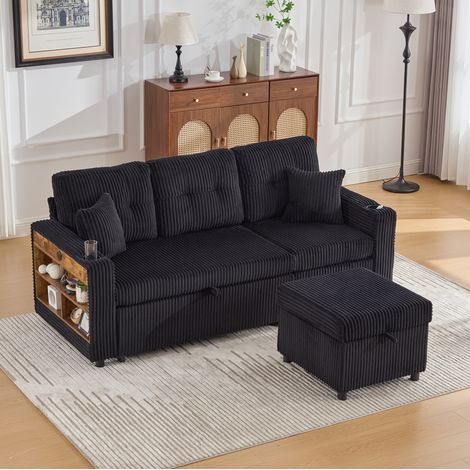 Sofá cama de pana negra 196 cm con arcón, USB-C e iluminación LED (1/5)