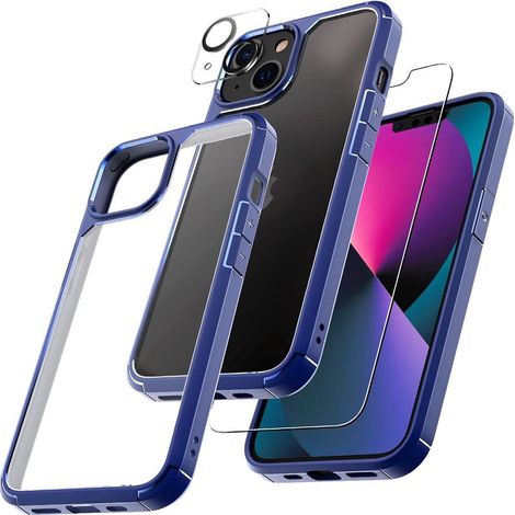 iPhone 13 5-in-1 Hülle: Stoßfeste Hülle nach Militärstandard + 2 Displayschutzfolien aus gehärtetem Glas + 2 Kameraabdeckungen, Vergilbungsschutz, 360°-Rundumschutz, Blau (1/5)