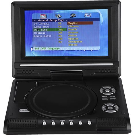 Lecteur DVD portable 7 pouces avec écran pivotant, chargeur de voiture rechargeable, manette de jeu et prise britannique 100-240 V. (1/5)