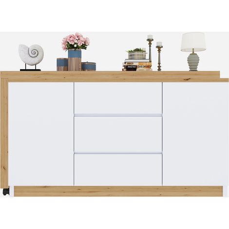 Bureau à roulettes verrouillables – design multifonction, plateau pivotant de 4 cm d’épaisseur, blocable, blanc/chêne, bureau pliant, bureau d’angle, buffet, matériau épais (1/5)