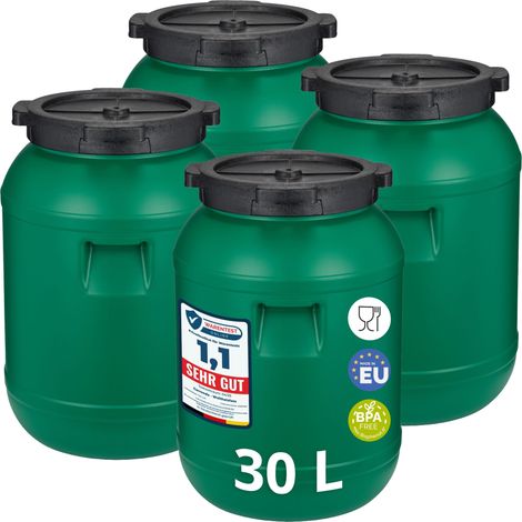 Garronda Lot de 4 fûts alimentaires 30 L en HDPE sans BPA, à large ouverture avec couvercle, pour eau, aliments et récupération d'eau de pluie, vert GD-0121