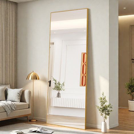 Miroir en pied rectangulaire 177 x 77 cm - Grand miroir de maquillage - Cadre en aluminium doré à bords fins - Verre trempé - Style moderne - Salon/chambre (1/5)