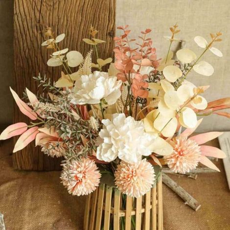 Bouquet Fleurs Artificielles - Hortensia Pivoine - Soie Plastique - 44 cm - 6 Têtes - Champagne (1/4)