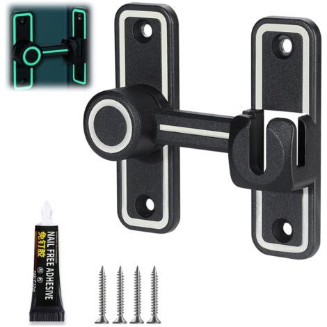 Verrou Porte Coulissante Lumineux, 90/180° Serrure de Porte Coulissante, Sans trou, Loquet Porte Coulissante avec Vis et Accessoires de Montage, pour Chambre à Coucher, Salle de Bain, Cuisine