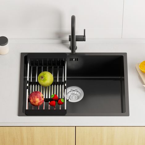 Fregadero de cocina de acero inoxidable 60 x 44 cm, fregadero de cocina para muebles bajos a partir de 65 cm, fregadero de acero inoxidable, incl. escurridor, antracita (1/5)