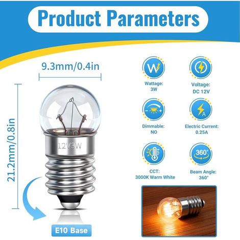 10er-Pack Mini-E10-Glühbirnen, 12 V DC, 0,25 A, warmweiß (3000 K), E10-Schraubsockel, Miniaturglühbirnen für Taschenlampen, elektrische Experimente, Krippenspiele und Signalleuchten (1/5)