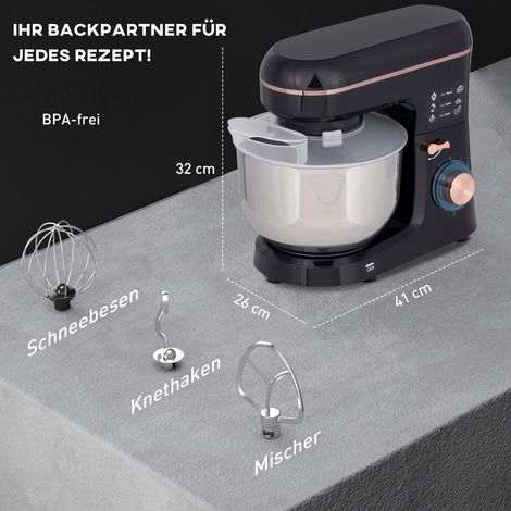 Standmixer, Küchenmaschine, Rührgerät, 6 Stufen, 5,5L Edelstahlschüssel, Schwarz (1/5)