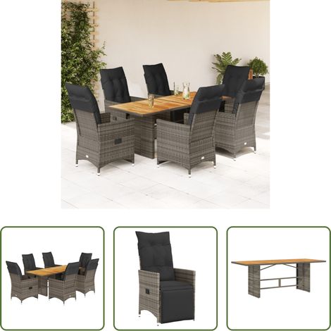vidaXL Relaxsessel - 7-tlg. Garten-Bistro-Set mit Kissen Grau Poly Rattan (1/5)