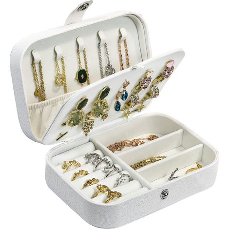 Estuche de viaje para joyas, pequeño organizador de joyas de piel sintética para mujeres y niñas, mini estuche de viaje portátil con soporte de exhibición y compartimentos para guardar aretes, anillos