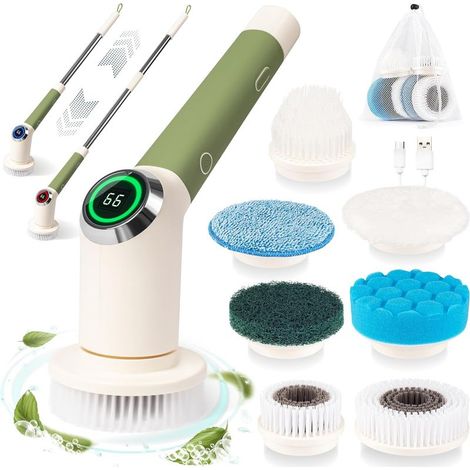 Brosse de Nettoyage Électrique Rotative sans Fil : Brosse Nettoyante Salle de Bain - Nettoyeur Plafond, Douche, Mur - Télescopique - 7 Brosses Interchangeables (1/4)