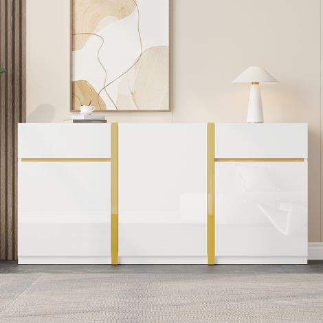 Buffet blanc laqué brillant avec détails dorés, 3 portes, 2 tiroirs, 160 x 40 x 78 cm, REDOM (1/5)
