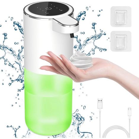Dispenser automatico di sapone in schiuma con indicatore di batteria, 400 ml, ricaricabile tramite USB-C, montabile a parete, ideale per bagno, cucina e hotel. (1/5)