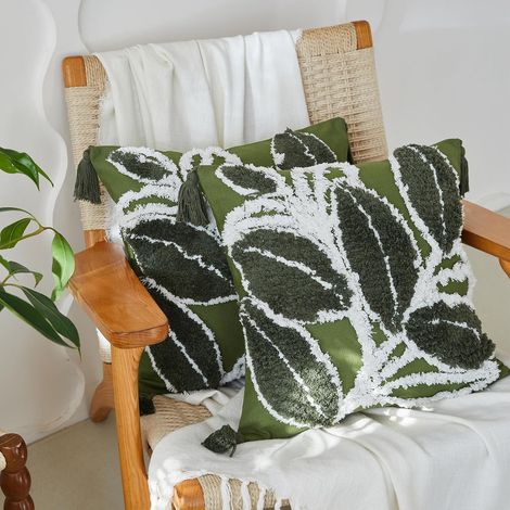 Juego de 2 fundas de cojín bohemias de 45x45 cm, confeccionadas en lona de algodón jacquard texturizada con borlas, ideales para sofá, cama, coche o decoración exterior. (1/5)