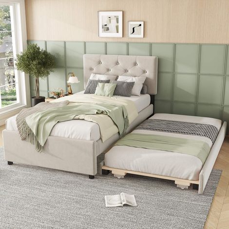 Lit rembourré 90x200 cm, lit gigogne avec sommier à lattes, velours beige, lit d'appoint, design minimaliste, sans matelas (1/5)
