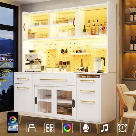 Buffet moderne avec éclairage LED, armoire haute pour cuisine et salon, meuble de rangement avec panneau perforé, tiroir et porte vitrée, blanc (1/5)
