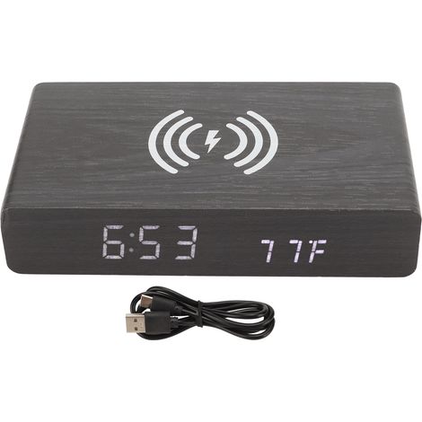 Réveil LED en bois noir avec charge sans fil et lumière blanche, horloge numérique décorative pour chambre (1/5)