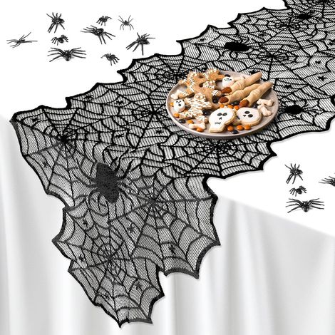 Schwarze Halloween-Tischdekoration 45 x 183 cm Spinnennetz mit 18 drehbaren Spinnen für Küche und Esszimmer