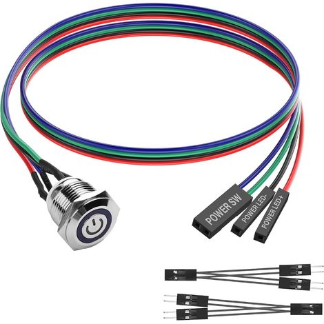 Interrupteur d'ordinateur DIY Bouton d'alimentation 16MM LED PC Interrupteur d'alimentation avec répartiteur 1 vers 2 aluminium nickelé bouton mécanique IP67 étanche (rétroéclairage bleu (1/5)