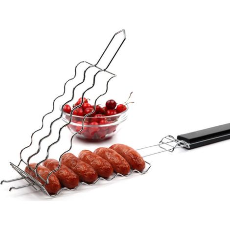 Panier à grillades pour barbecue, support à saucisses en métal pour 6 hot-dogs, grille à saucisses en métal avec clip de fixation pour barbecue, idéal pour les pique-niques et la cuisine. (1/4)
