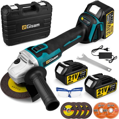 Gisam – Meuleuse d'angle électrique sans fil 125 mm – Moteur Brushless 18V – Vitesse 10 000 tr/min – 2 batteries 4.0Ah – 6 disques inclus