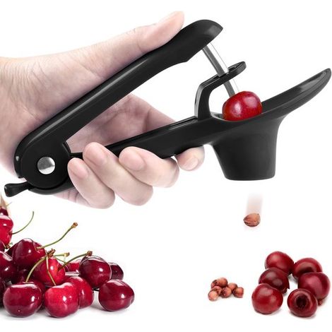 Snocciolatore manuale per ciliegie, snocciolatore per ciliegie con perno in acciaio inox, snocciolatore universale per olive con supporto in silicone e meccanismo di bloccaggio, nero (1/5)