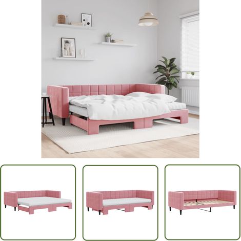 The Living Store Lit de jour avec gigogne et matelas rose 90x200 cm velours - Canapé Convertible - Lit Tiroir - Lit Invité - Meuble Multifonctionnel - Literie (1/5)