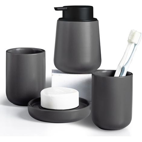 Accessoire Salle De Bain - Céramique - Lot De 4 Pièces Porte-Savon Distributeur Brosse À Dents Gobelet - Gris - Pour Salle De Bain Et Maison