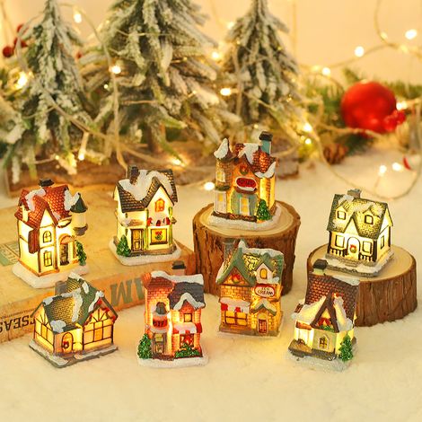 Décoration de village de Noël lumineux 8 pcs – Maisons LED en résine avec flocons de neige – Décorations intérieures pour table et cheminée (1/4)