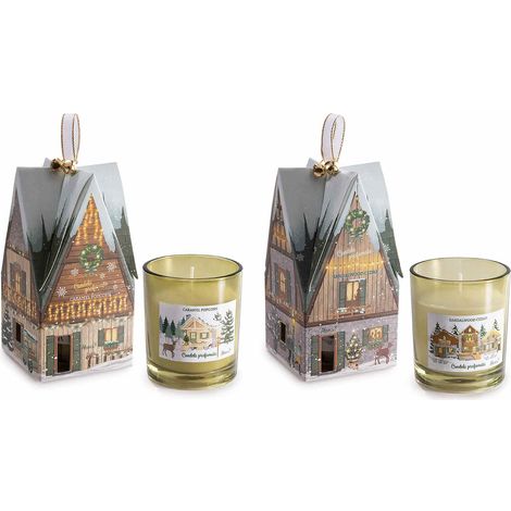 Candele profumate di Natale in barattolo di vetro colorato dentro confezione regalo a forma di casetta, set da 4 pezzi, Candela: Ø 7 cm x 8 H