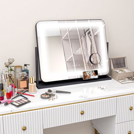 Espejo con luz LED, 3 modos de iluminación, aumento de 10x, puerto de carga USB, control táctil, 62,5 x 52 cm