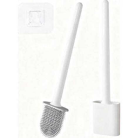 Brosse WC Silicone Plate avec Support - Nettoyage Profond Flexible , Brosse Toilettes Suspendue sans Percer avec Base Anti-Goutte Séchage Rapide , Accessoire Salle de Bain Gain de Place