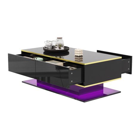 Table basse moderne laquée haute brillance, dotée d'accents dorés, de 3 tiroirs et d'une bande lumineuse LED USB (adaptateur/batterie externe non inclus).