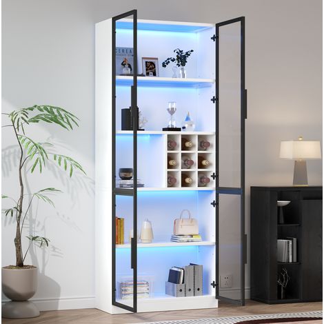 MEUBLIV Vitrine 80x35x200 cm blanche – LED, portes vitrées et range-bouteilles (1/5)