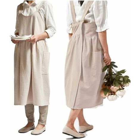 Cotton Linen Apron Adjustable Bib Apron Kitchen Waist Aprons Apricot (1/4)
