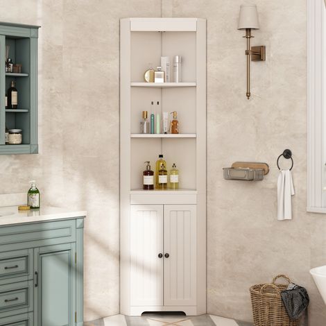 Armoire haute de salle de bain, trois compartiments de rangement ouverts, portes à battants résistantes à l'humidité, clayettes coulissantes, design simple, Blanc (1/5)