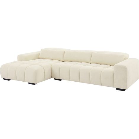 Vente-Unique – Canapé d'angle gauche 5 places en tissu texturé beige – Têtières inclinables – Structure bois – Longueur 312 cm – Confort équilibré (1/4)