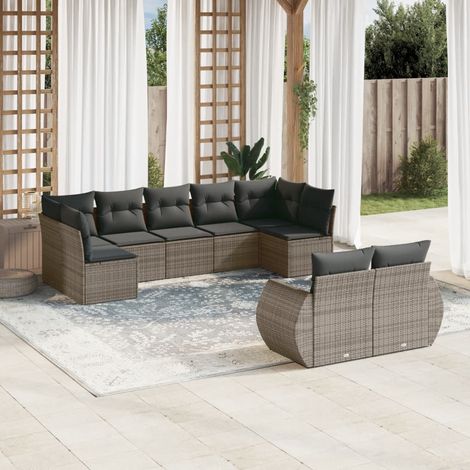 9-tlg. Garten-Sofagarnitur mit Kissen Grau Poly Rattan vidaXL (1/5)