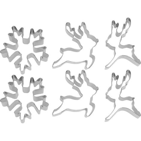 6-teiliges Weihnachtskuchen-Set aus Edelstahl, Keks- und Plätzchenform zum Selbermachen (Schneeflocke, rennender Hirsch, Sikahirsch, je 2 Stück)-M (1/2)