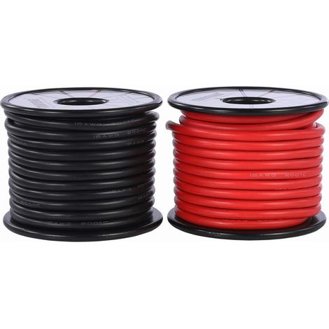 Fil de silicone de calibre 12 20 mètres 10 m noir et 10 m rouge Fil électrique 12 AWG avec câble de raccordement souple et flexible en fil de cuivre étamé résistant aux hautes températures (1/5)