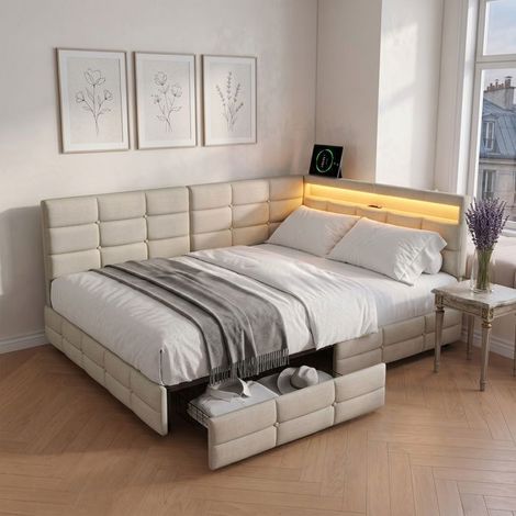 Estructura de cama 140 x 190 cm - lino - POCKETPOP - Almacenamiento bajo la cama - Cama doble con iluminación LED (1/5)