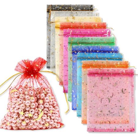 100 Organzabeutel, Organza Geschenktüten 7 x 9 cm, Organzabeutel mit Mond und Sternenmotiv in verschiedenen Farben (1/4)