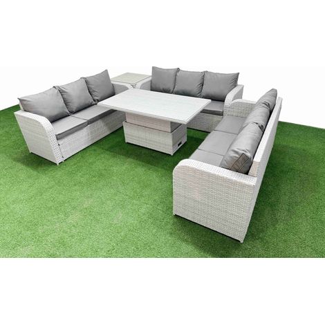 Fimous PE Rattan Lounge Sofa Set 9 Seater Outdoor Garden Furniture Set with Adjustable Lifting Dining or Coffee Table 3 Seater Sofa Side Table Light Grey (1/5)