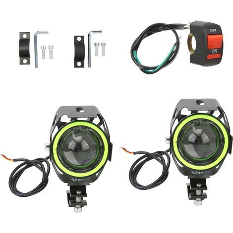 Phare moto LED 30W avec halo lumineux vert, feux de route/croisement, étanche IP68, lampe universelle 12‑60V