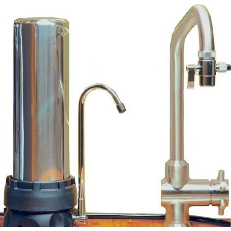 Filtre sous évier INOX avec cartouche XM – Filtration plomb, cuivre, pesticides – Raccord 3/4" – Robinet col de cygne chromé – Hydropure