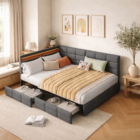 Canapé Lit gigogne 140x200 CM avec Sommier LED et port USB Tpye C- Lit Coffre avec 2 Tiroirs de Rangement - 2 Personnes - Lin - Gris (1/5)