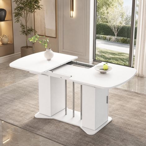 Table extensible 120/160 x 80 cm avec rangement, MDF, blanche, pieds en métal argenté DESVIAE (1/5)