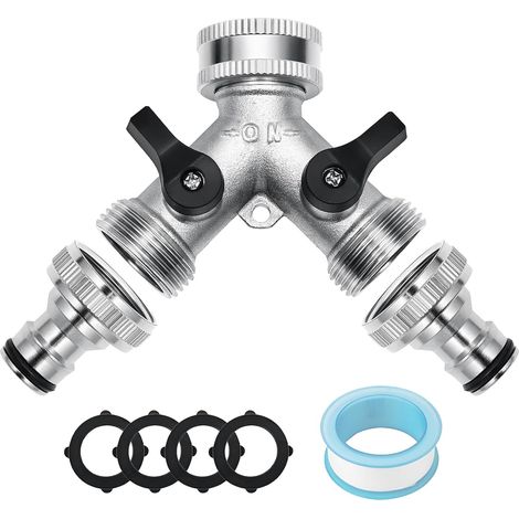 Robinet Double Sortie 3/4", Répartiteur d'eau en Y à 2 Voies avec Vannes avec Interrupteur de Commande, Distributeur de Tuyau d'arrosage pour Machine à Laver et Lave-Vaisselle (1/5)
